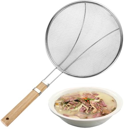 Cuchara espumadora de acero inoxidable - Cucharón colador de malla, herramienta separadora de grasa | Cuchara de filtro de aceite con mango de madera para freír, quitar espuma, desnatar sopa