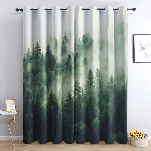 Luxfieo Nebelwald Vorhänge Grüner Wald Natur Landschaft Vorhang Blickdicht Gardinen Verdunklungsvorhänge mit Ösen Thermovorhang für Wohnzimmer Schlafzimmer Fenster Deko 2er Set H 166 x B 75 cm