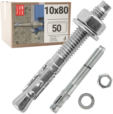 Boulons ancrage béton 10x80 50 pcs – Cheville molly acier zingué avec goujon, tige filetée, écrou, rondelle – Fixation charge lourde, vis béton, scellement chimique, Ancrage robuste Lun Fix