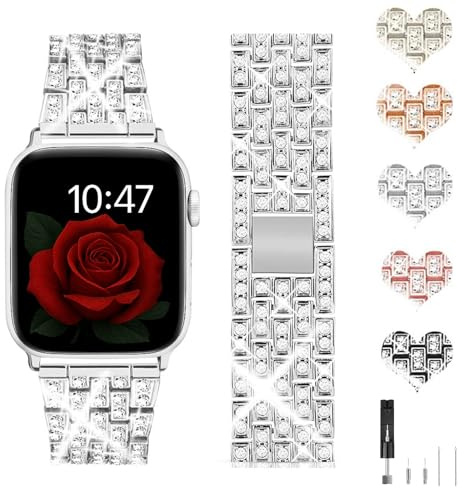 Bling Diamant Armband kompatibel mit Apple Watch 38mm 40mm 41mm 42mm 44mm 45mm 46mm 49mm, Damen Funkeln Schmuck aus Edelstahl Metall Armband für iWatch Serie Ultra SE 11 10 9 8 7 6 5 4 3 2 1