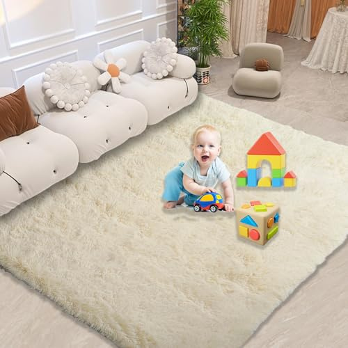 CUIMEI Teppich Wohnzimmer Shaggy 100 x 130 cm, Flauschiger Große Größe, rutschfest Langlebig, Faltbar, Zotteligeweicher, Bettvorleger Teppich Hochflor, Creme Farben