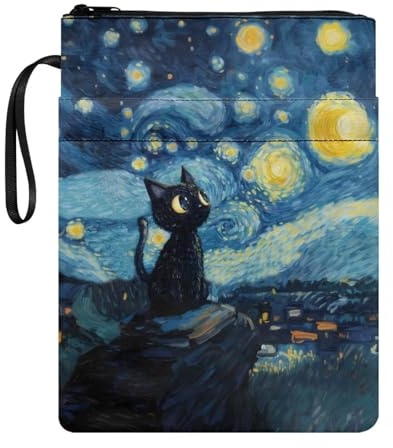 Poceacles Buchhülle mit Reißverschluss und extra Taschen, waschbarer Stoff, Buchumschlag, Schutz für Taschenbücher, Hardcover, schwarze Katze, Sternennacht