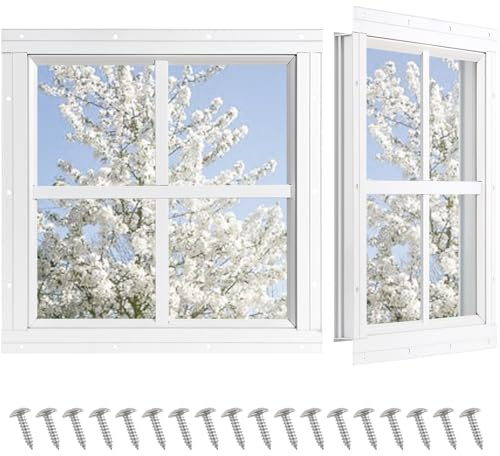 NOTASA Shed Windows 2 Pack, Chicken Coop Fixed Windows 16 x 16 White | Square Gable Flush Mounted Small Windows with Tempered Glass for Shed, Barns, Playhouse, Household, Garage