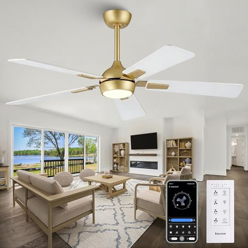 Vaczon 52 White and Gold Ceiling Fan with Light, Remote, Reversible Blades | Reversible White & Oak Blades, 6-Speed DC Motor, 4,373 CFM, eWeLink App & Bluetooth, 18W 3-CCT Dimmable LED, 35 dB