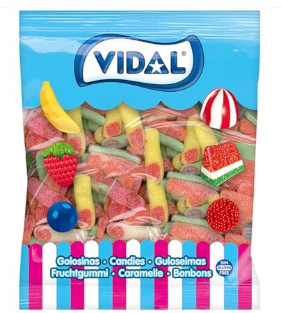 Vidal Golosinas. Dedos Pica Surtidos. Caramelo de Goma con Sabor Frambuesa y Cobertura Ácida. Colores Rosa, Amarillo, Naranja y Verde. Textura Blanda y Masticable. Sin Gluten. Bolsa 1 kg
