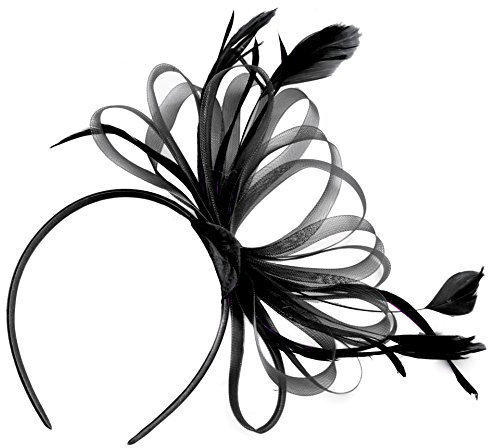 Caprilite Black Fascinator Headband Large Wedding Ascot Races Net Hat Feathers