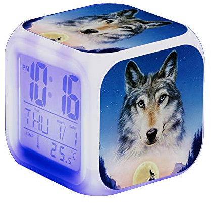 Nicole Knupfer Wolf Wecker Kinder Wecker LED Night Nachttischwecker Quadrat Beleuchteter LCD Uhr Wake Up Wecker Geschenk Muster Wolf (#12)