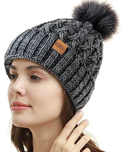 REDESS Damen Winter Pompom Beanie Mütze Fleece gefütterte warme Mützen, Dicke, lässige Schneestrickmütze für Damen