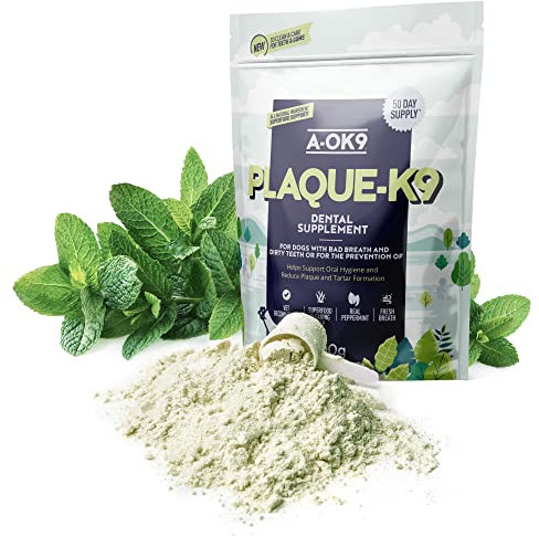 A-OK9 Plaque-K9 | Dental Care Supplement for Dogs | Removes Plaque, Bad Breath & Tartar | Support Oral Hygiene | Natural Ingredients & Superfoods | Mix with Dog or Puppy Food | Absolute Dogs