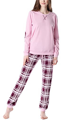 Merry Style Damen Lang Zweiteiliger Schlafanzug aus Baumwolle Pyjama Set Winter MS10-168 (Rosa-Kariert, XXL)