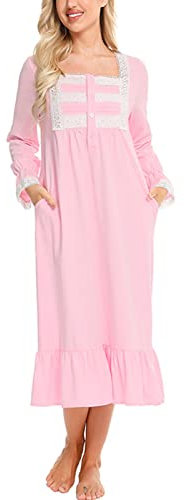 aromm Femmes Chemise de Nuit Patte Boutonnage Victorien Manche Longue Allaitement Maternel Pyjama Rose, M