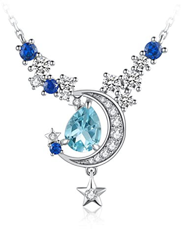 JewelryPalace Mond Stern Echt Blautopas Erstellt Saphir Kette Anhänger, Tropfenschliff Blau Topas Stein Schmuck Set, Halskette Silber 925 Collier Damen Edelstein Mädchen, Ketten Zirkonia Frauen 45CM