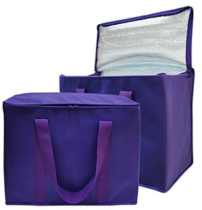 Set mit 2 großen isolierten Kühltaschen, Wiederverwendbare Einkaufstaschen mit Reißverschluss, hält Lebensmittel heiß oder kalt, 39,9 cm B x 33 cm H x 21,9 cm T (lila Farbe)