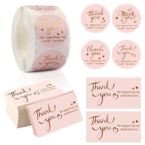 550 x Dankeskarten, 50 x Goldfolie, Dankeskarten für die Unterstützung meiner kleinen Visitenkarten, 500 Stück 3,8 cm Dankesaufkleber (550)