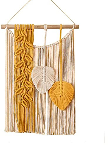 Martin Kench Blätter Makramee Wandbehang Boho Deko Chic Blatt Tapisserie Handgemacht Wandteppich Bohemian Wandbehang für Wohnzimmer Hochzeit Dekor,r (Yellow)