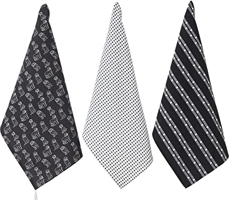 Penguin Home Set of 3 Recycled cotton Tea Towels, Eco Friendly Sustainable Plain weave printed kitchen towels with tassels on both corner Size - 50x70 cm Colour - White & Black Dish Towels