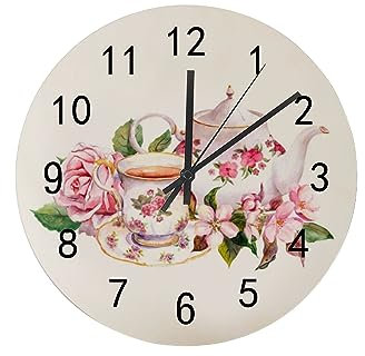 ZHIMI Wood Wall Clocks Battery Operated Silent Non-Ticking Teapot Cup Flowers Leisure Afternoon Round Accurate Bathroom Clock Living Room Kitchen Bedroom Office Decor 12Inch