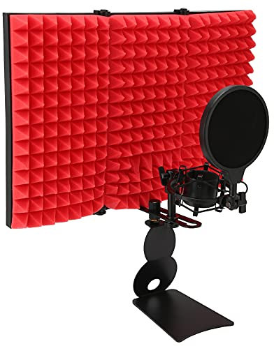 Bewinner Microphone Isolation Shield, 3-Panel Pop Filter, Studio Mic Sound Absorbing Foam Reflector, Foldable Soundproof Cover for Anchor/Recording/Radio