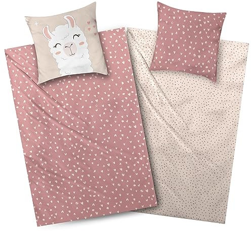Aminata kids Bettwäsche 135x200 Kinder Lama Biber Flanell Baumwolle | rosa beige- Mädchen | 2- teilige warme & weiche Kinder-Wende-Bettwäsche-Set