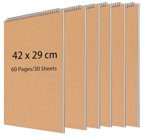 ZOENHOU Skizzenbuch, A3, 60 Seiten/30 Blatt, Spiralbindung, A3 Querformatskizzenbuch, Braun, 6 Stück