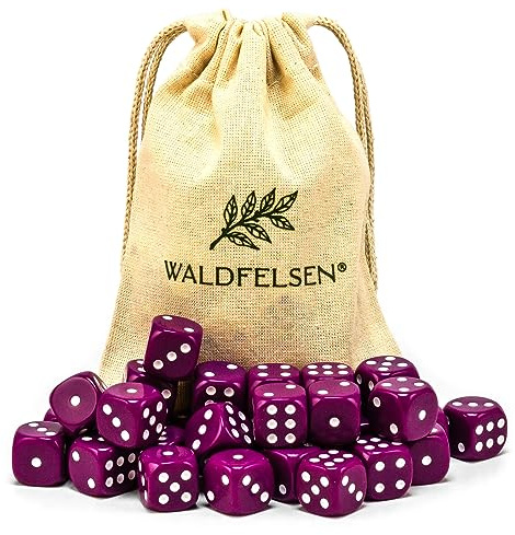 Waldfelsen 6, 12, 20, 30 o 50 dadi di alta qualità, dimensioni standard, 16 mm, dadi in acrilico, dadi da gioco a sei facce, accessori da gioco, set con sacchetto in tessuto (viola, 30 pezzi)