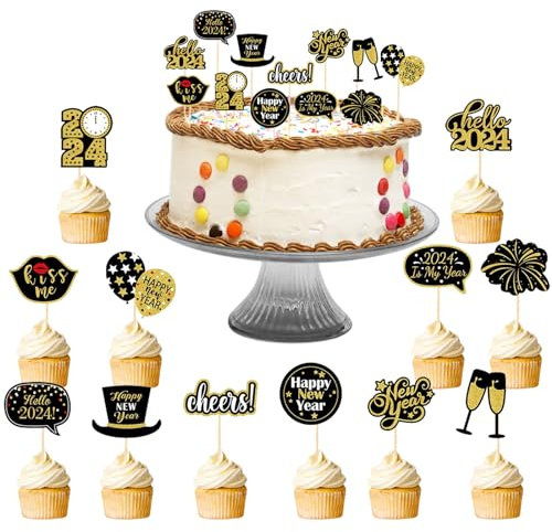 Frohes Neues Jahr Cupcake Toppers, 24 Stücke Frohe Silvester Dekoration 2025, Silvester Tortendeko, Muffin Cake Toppers, Silvester Partydekorationen für Tafelkuchen Dekorationen Silvester Party Gunst