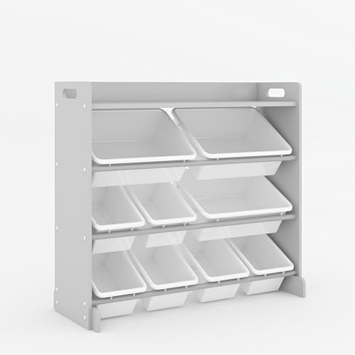 Duffy® Kids Storage Unit Toy Box Organiser Bookshelf With Removable Baskets, for Bedroom, Nursery, Playroom (Grey Wood With White Bins)