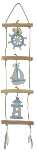 Quay Traders Wooden Lighthouse, Boat and Helm Rustic Hanging Ladder Decoration - Nautical Ornament for the Home - Lovely Gift Idea
