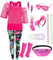 80er 90er Jahre Outfit Damen 20 Stück 80iger Retro Kostüm Off Shoulder Netzshirt Frauen mit Leggins Neon Kleidung Zubehör Set Bauchtasche Ohrring Netzhandschuhe Armband Halskette Bad Taste Outfit 019L