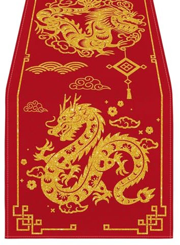 Worparsen Chemin de table du Nouvel An lunaire - Motif dragon chinois - Tissu épais et pliable - Coutures fermes - Détails à paillettes - Protection heureuse - Rouge