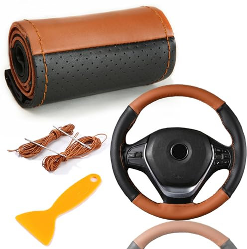 Echtes Leder Lenkradbezug, Lenkradbezug Zum Nähen, Lenkradbezug Leder Universal Passform 37-39 cm Autolenkräder, Zweifarbiger Lenkradbezug aus Leder (Schwarz Braun)