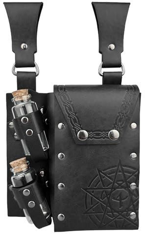 HiiFeuer Mittelalterliche Alchemie Kunstleder Gürteltasche mit 2 Kork Zaubertrank Fläschchen, Fantasy Wizard Hüfttasche Side Pack für Halloween (Schwarz B)