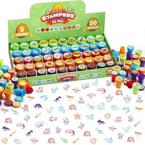 JOYIN 50 Stück Dino Stempel Kinder stempelset, Selbstfärbende Dinosaurier Stampers 5 Farben,50 Designs stempelset Kinder ab 2 Jahre,kleine Geschenke für Kinder, mitgebsel gastgeschenke