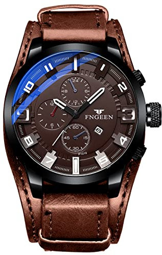 OIDEA Uhren Herren Leder Armbanduhr: Kaffeebraun Punk Analog Quarz Uhr mit Echtleder Armband Kalender Wasserdicht mit arabischen Zahlen Zifferblatt Geschenk für Männer Junge