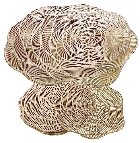 SHOWERORO Elegant Gold Rose Placemats 15in 4in Coasters Set Cream Vinyl Pack Round Woven Dining Table Accessories