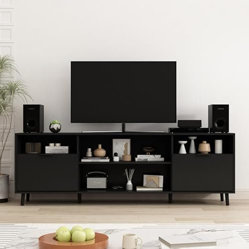 PREMTURE Meuble TV avec 2 portes, meuble TV avec espace de rangement ouvert à 4 compartiments, table TV avec 3 tiroirs, 60 x 180 x 35 cm, pour salon, noir, panneau MDF épais