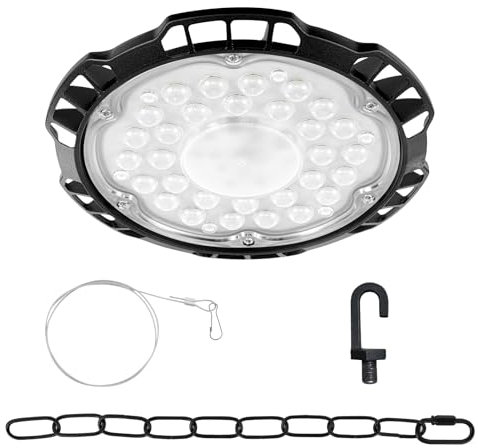 Viugreum 150W LED High Bay Light, 6500K 15000LM Bright UFO LED High Bay Lights, IP65 LED Workshop Garage Light with 2.5ft Cable, Chain & Safety Rope for Warehouse Workshop Factory Garage