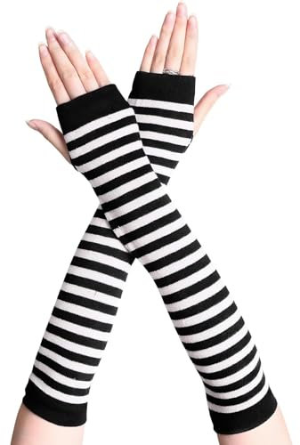 Arm Warmers Fingerless Gloves, Black and White Long Women Knit Warm Arm Sleeves Stretchy Thumbholes Gloves Wrist Gloves Cozy Striped Perfect for Outdoor Activities Autumn Winter Accessories (1 Pair)