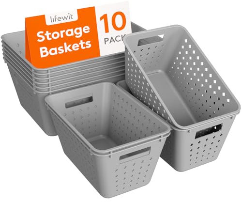 Lifewit 10er Set Kunststoff Aufbewahrungskorb,Stapelbare Aufbewahrungsbehälter zum Organisieren, Multi Size Offene Behälter für Regale/Küche/Badezimmer/Büro/Schrank, 6 Large und 4 Small Size, Schwarz