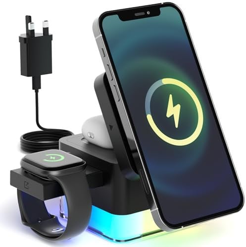 4 in 1 Wireless Charging Station for Apple with Night Light, Foldable 3 in 1 Iphone/Watch/AirPods Charger Stand 15W