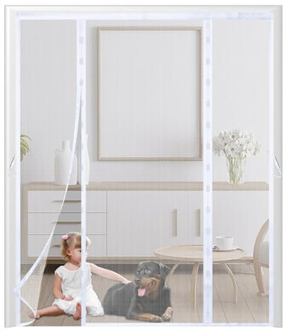 Zanzariera Magnetica per Porte,155x230cm Rete Molto Resistente Zanzariera Doppia Apertura Laterale Tenda Zanzariera Porta Finestra per Porta Scorrevole Balcone Patio,Bianco puro