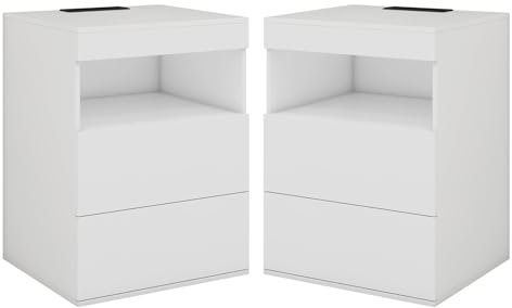 YOURLITE Bedside Table Set of 2 with 2 Drawers, Modern Bedside Cabinet with Charging Station and LED Lights, Nightstand with Pull-Out Tray, Bed Cabinet Chest of Drawers Living Room Bedroom White