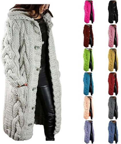 Winter Coats for Women UK Plus Size Longline Chunky Knitted Cardigan, Warm Cable Knit Button Down Sweater Coat with Pockets, Oversized Cardigans for Women
