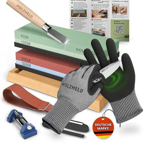 HOLZHELD - Schleifstein Set & Schnittschutzhandschuhe Gr. S - Schleifstein Stechbeitel schärfen - Schleifset mit Schnittfeste Handschuhe - Schleifset & Schutzhandschuhe Schnittfest für Schnitzen