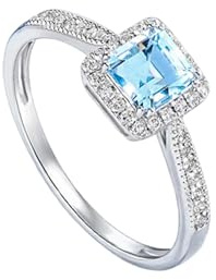 Goldring 585 Echtgold Eheringe, Wedding Ring White Gold Blau Aquamarin 0.6 Karat Hochzeitsringe 14 Karat Weißgold mit Diamant Größe 65 (20.7)