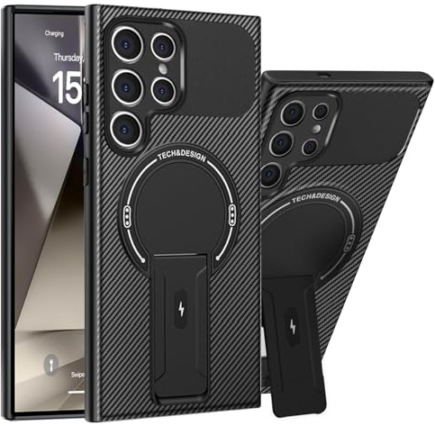 Migexxkj Handyhülle für Samsung Galaxy S24 Ultra Hülle für Mag-Safe Magnetisch mit Ständer,Kohlenstofffaser Rutschfester Textur Hard PC Rugged Stoßfest Schutzhülle für Samsung S24 Ultra Case (Schwarz)
