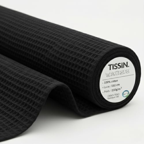 Tissu Nid d'Abeille - Noir - Coupon 200x150 Cm - 100% Coton - Absorbant et Résistant - Idéal pour Serviettes, Torchons, Lingettes, Peignoir et Couture Maison - Oeko-Tex - Projet Couture DIY
