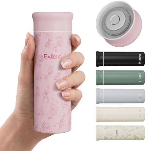 Exllena 250ml Mini Thermal Flask – 100% Leakproof Pocket Travel Mug for Flat White Coffee & Tea – Slim Stainless Steel Small Water Bottle for Handbag, Commute, Milk – BPA Free(Pink Botanical)