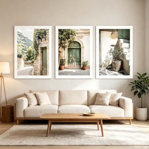 JORCEDI 3pcs Large Vintage Italy Landscape Framed Canvas Wall Art,Green Olive Tree Old House Wall Decor,Modern Minimalist Country Farmhouse Art Print For Living Room Office, Frameless (50x70cm,green)