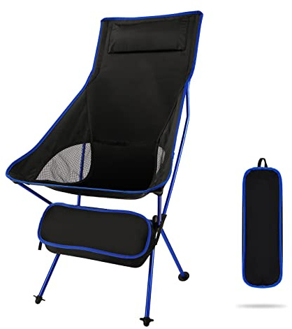 SOPPY Chaise de camping pliante à dossier haut – Ultra légère, portable avec poche latérale et sac de transport pour randonnée, voyage, pique-nique, pêche – Bleu
